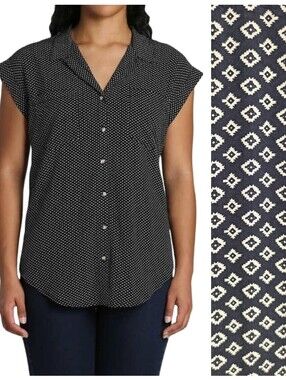 JACHS Girlfriend Vneck Button Up - Geometric Print Top Cuffed Sleeves Size XL